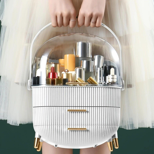 White transparent flip-top makeup storage box with ribbed drawers and gold feet