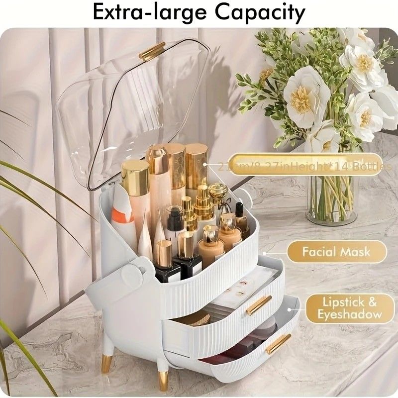 Transparent Flip-top Cosmetic Storage Box: Dustproof, Waterproof, Multi-layer Drawer Organizer, Portable Storage Essential for Desktop and Bathroom.white