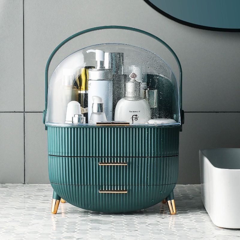 Transparent Flip-top Cosmetic Storage Box: Dustproof, Waterproof, Multi-layer Drawer Organizer, Portable Storage Essential for Desktop and Bathroom.Dark green