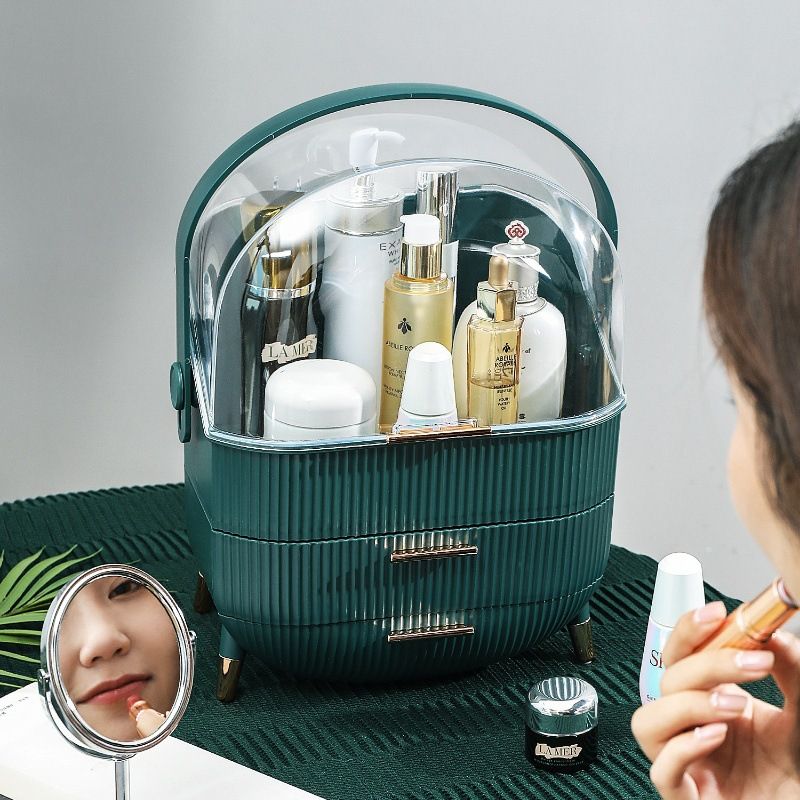 Transparent Flip-top Cosmetic Storage Box: Dustproof, Waterproof, Multi-layer Drawer Organizer, Portable Storage Essential for Desktop and Bathroom.Dark green