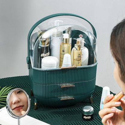 Transparent Flip-top Cosmetic Storage Box: Dustproof, Waterproof, Multi-layer Drawer Organizer, Portable Storage Essential for Desktop and Bathroom.Dark green