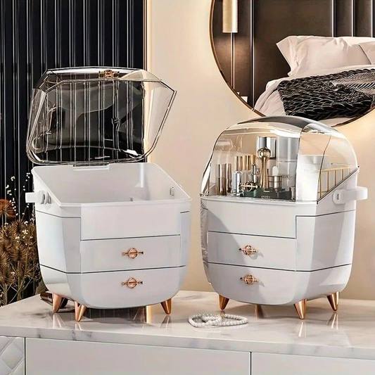 White flip-top cosmetic organizer with clear dome and three drawers, rose-gold handles