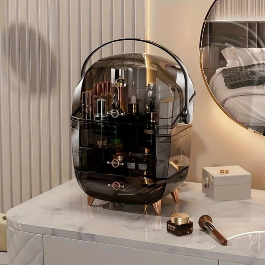 Transparent flip-top cosmetic organizer with open compartments and dark-toned bottles inside