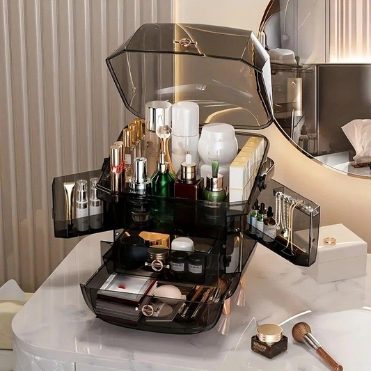 Transparent flip-top cosmetic organizer with multiple shelves and drawers, open front view