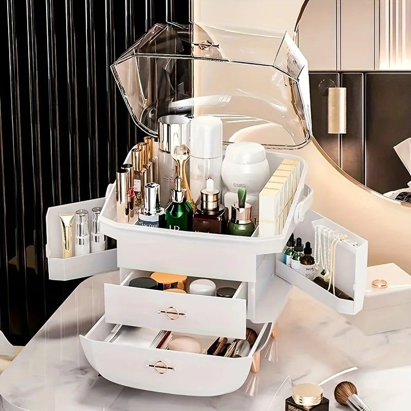 BLACK Luxury Transparent Flip-top Cosmetic Organizer, Large Capacity with Smart Compartments, Dustproof & Silent Drawers, Essential for a Neat Vanity.