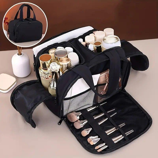 Black travel toiletry and makeup bag, open compartments with zippered organizer panel