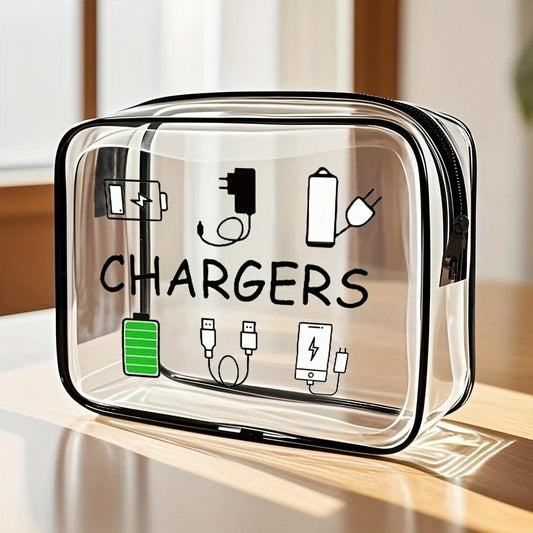 Transparent PVC cosmetic pouch with black trim and zipper, charging-themed print.