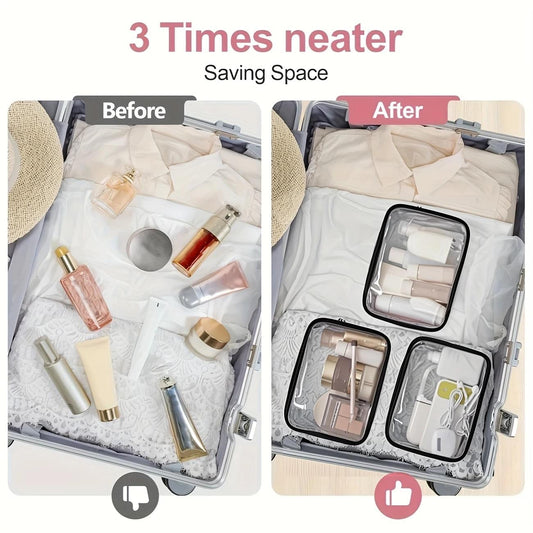 Set of transparent toiletry pouches with black zipper, showing compartments inside.