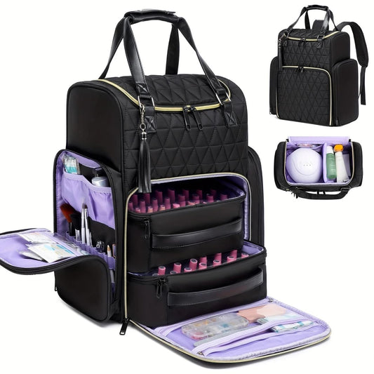 Black nail tool storage backpack open, showing bottle slots and brush pouches.