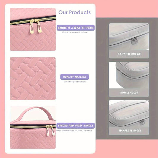 Pink nail organizer bag close-ups showing dual zippers, quilted texture, and wide handle