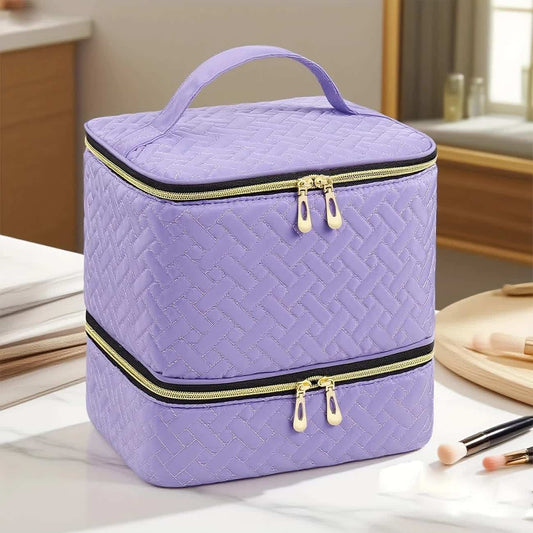 Purple double-layer nail tool organizer bag with two zip compartments and carry handle