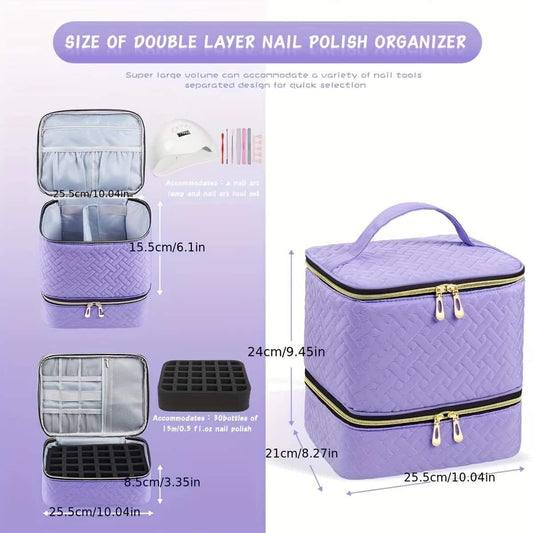 Purple double-layer nail polish organizer bag with zip top and internal compartment layout