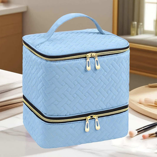 Light blue double-layer nail polish organizer bag with top carry handle and two zippers
