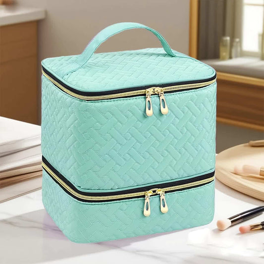 Teal double-layer woven storage bag with two zip compartments and top carry handle.