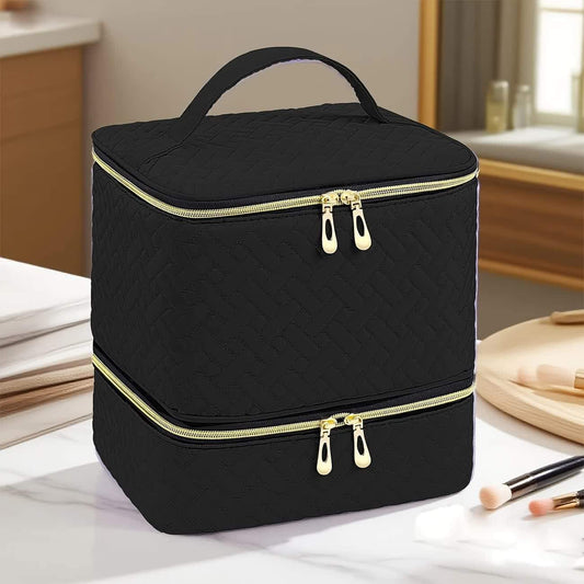 Black double-layer nail organizer bag with dual zip compartments and carry handle