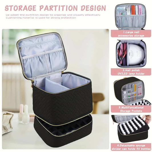 Black double-layer nail organizer bag open with partition pockets and built-in holders