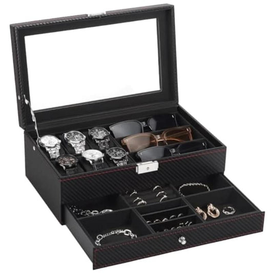 Black watch and accessory storage box with clear window lid and multiple compartments