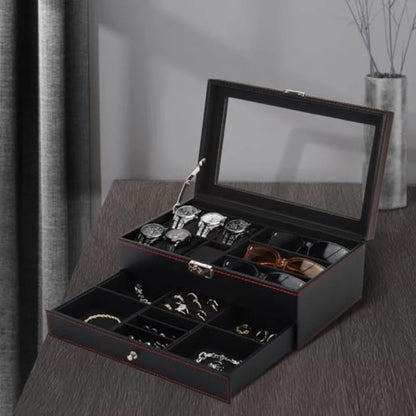 Men's Watch and Glasses Storage Box: Transparent Lid, Zoned Storage, Multi-slot Protection for Watches and Accessories