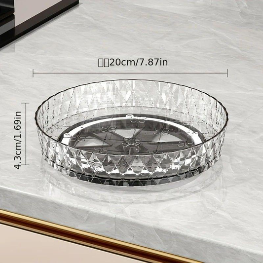 Round clear acrylic lazy Susan tray with diamond-cut pattern, rotating base, empty