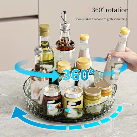 Clear acrylic lazy Susan tray with diamond pattern, showing 360-degree rotating use