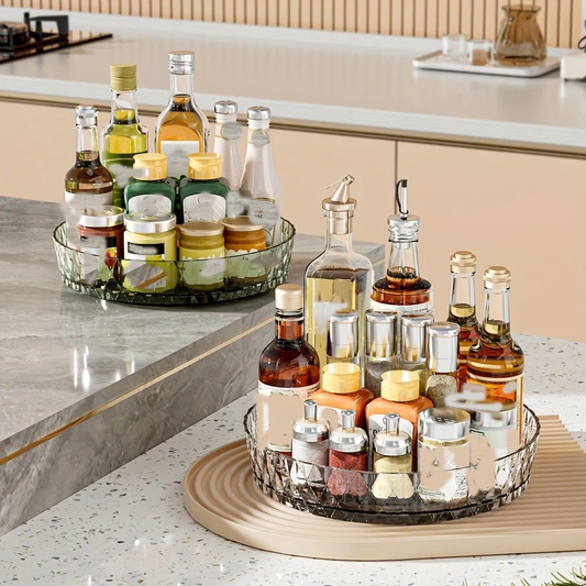 Diamond-cut acrylic lazy Susan tray with bottles and jars, smoky green finish