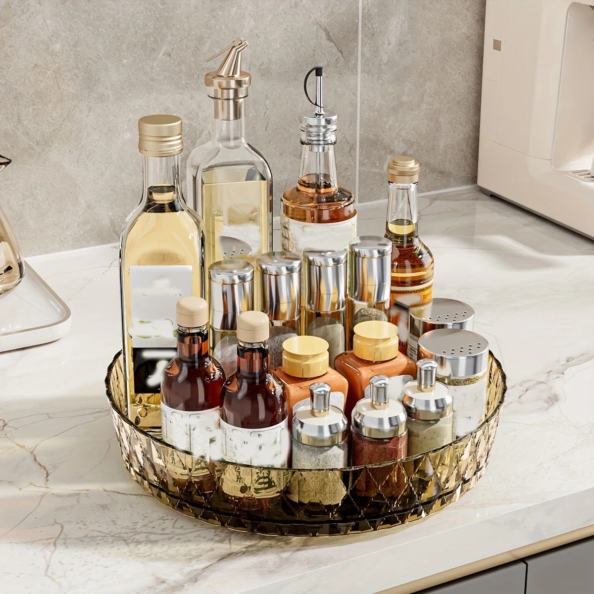 2PCS Acrylic Lazy Susan Organizer with Diamond Design | 360° Rotating Makeup & Vanity Tray | Modern Kitchen & Bathroom Storage（Transparent green）
