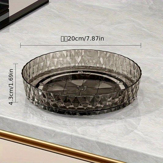 Rotating acrylic lazy susan tray with diamond-pattern clear grey, round organizer base.