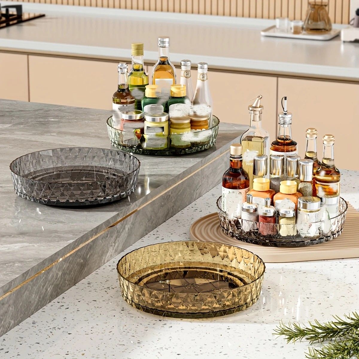 2PCS Acrylic Lazy Susan Organizer with Diamond Design | 360° Rotating Makeup & Vanity Tray | Modern Kitchen & Bathroom Storage（Transparent grey）