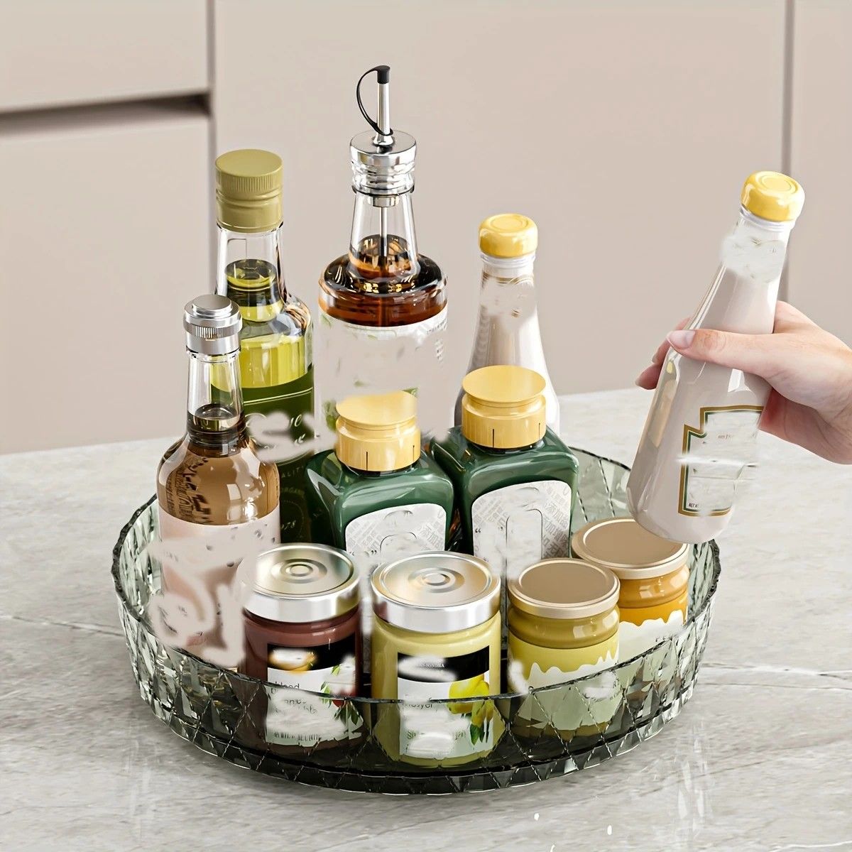 2PCS Acrylic Lazy Susan Organizer with Diamond Design | 360° Rotating Makeup & Vanity Tray | Modern Kitchen & Bathroom Storage（Transparent grey）