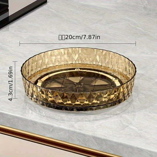 Diamond-pattern rotating lazy susan tray, transparent amber-brown acrylic, round