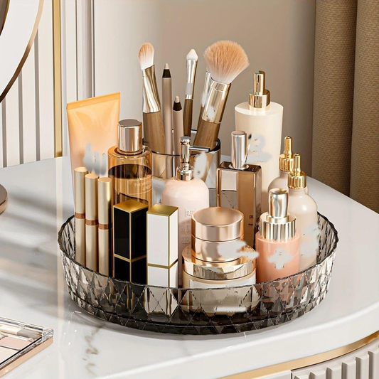 Diamond-pattern rotating vanity tray with cosmetics, transparent amber-brown acrylic, round