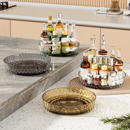 2PCS Acrylic Lazy Susan Organizer with Diamond Design | 360° Rotating Makeup & Vanity Tray | Modern Kitchen & Bathroom Storage（Transparent yellowish brown）