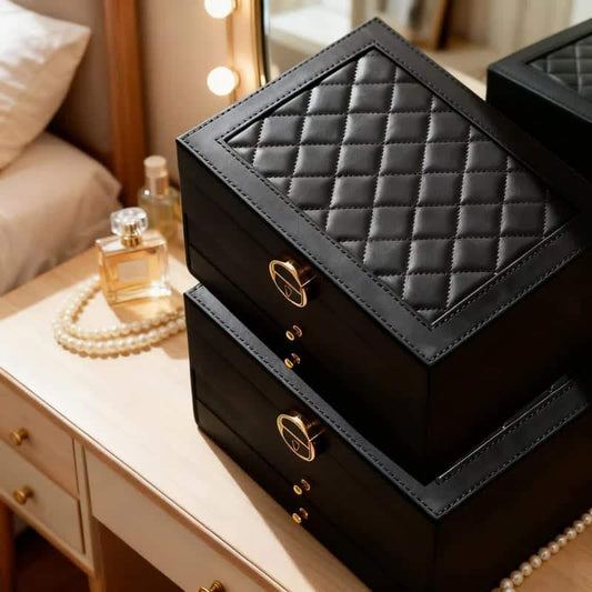 Multi-layer jewelry storage box, black with quilted lid and gold-tone clasps and hinges