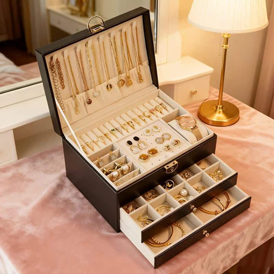 Multi-layer jewelry storage box, black open top with necklace rows and tiered drawers