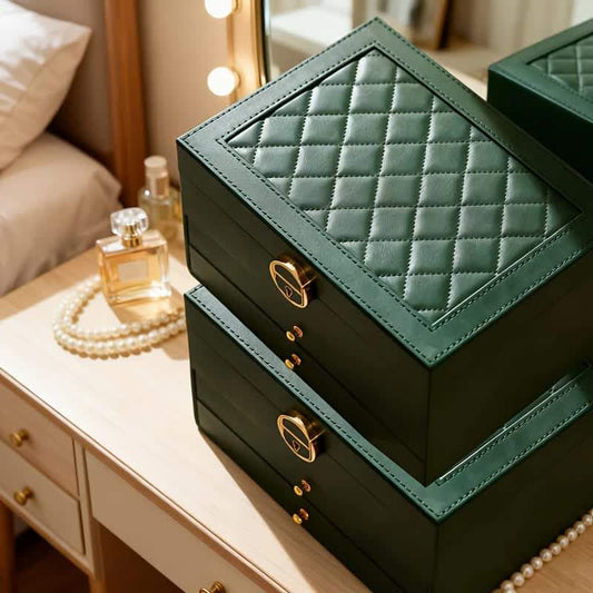 Dark green quilted jewelry storage box with gold hardware and two drawer fronts