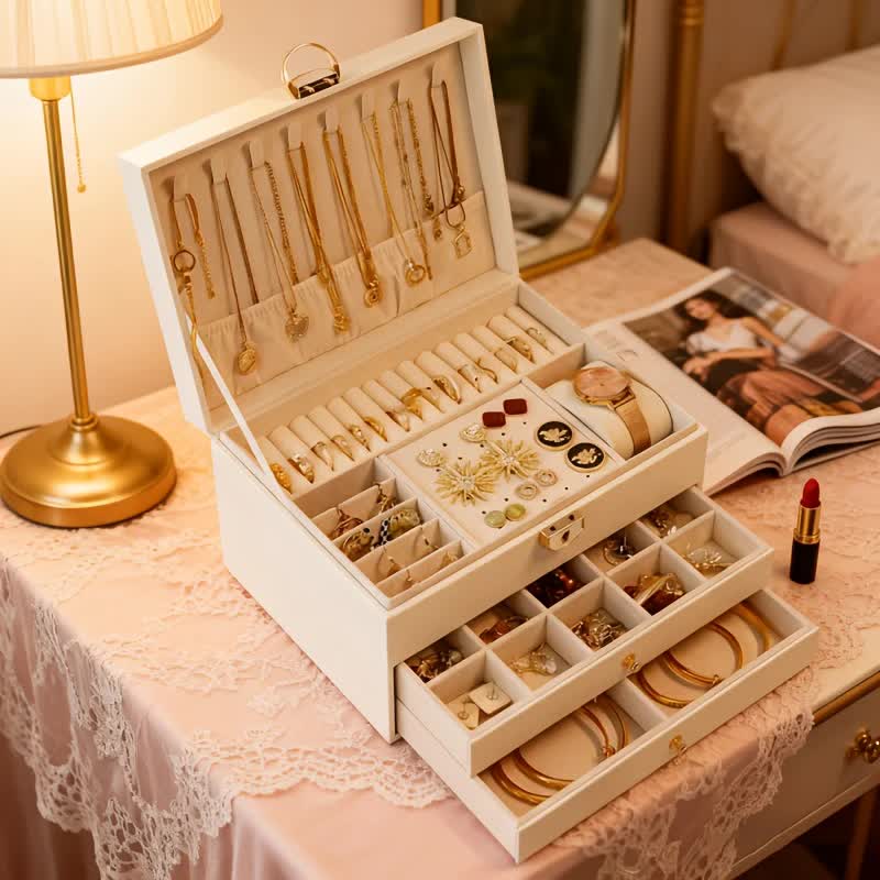 Dark green Multi - layer Jewelry Storage Box: Velvet Lining, Three - layer Zoning, Double - drawer Storage for Accessories