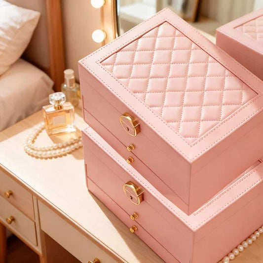 Pink jewelry storage box with quilted lid and two drawers, gold-toned hardware