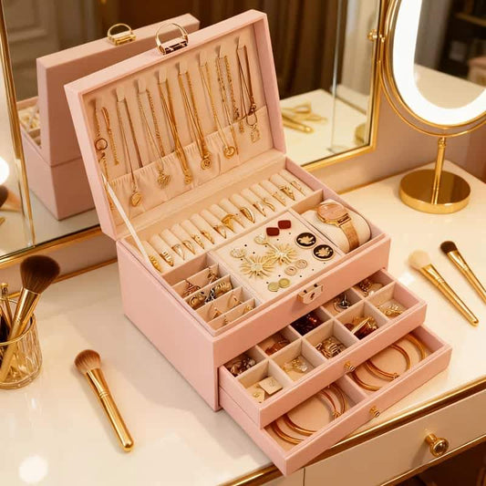 Pink jewelry organizer box open with ring and earring compartments and hinged lid