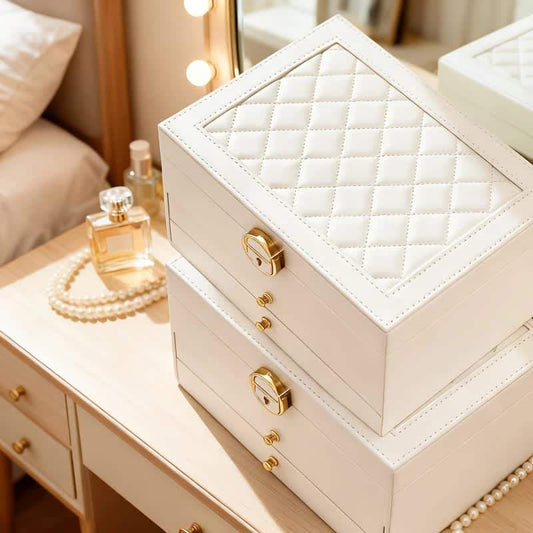 White jewelry storage box with quilted top and gold-tone clasp, closed lid