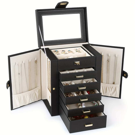 Black jewelry box with built-in mirror and multi-layer drawer storage, open view