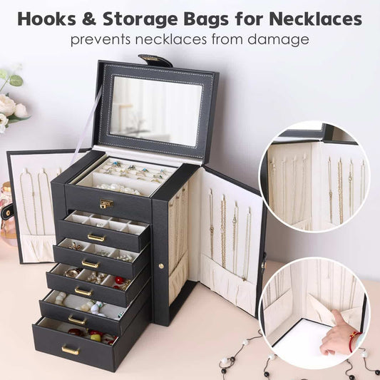Black jewelry organizer case with mirror and side earring hooks, open with compartments