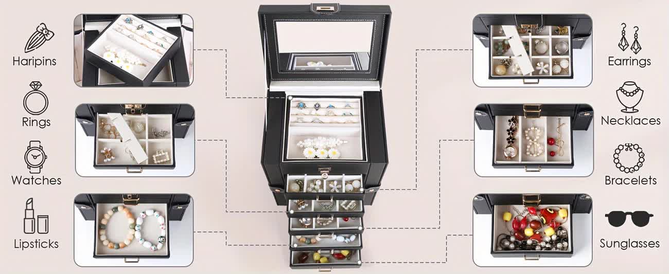 Women's Multi-functional Jewelry Box: Built-in Mirror, Multi-layer Drawer Storage, Side Hooks to Prevent Tangling and Protect Accessories.black