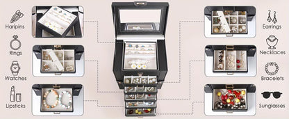 Women's Multi-functional Jewelry Box: Built-in Mirror, Multi-layer Drawer Storage, Side Hooks to Prevent Tangling and Protect Accessories.black