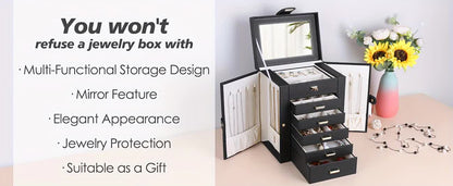 Women's Multi-functional Jewelry Box: Built-in Mirror, Multi-layer Drawer Storage, Side Hooks to Prevent Tangling and Protect Accessories.black