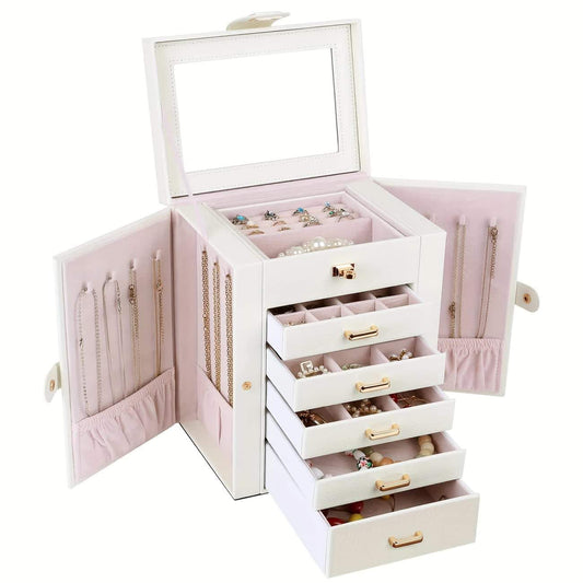 White multi-layer jewelry box with open drawers, compartments, and built-in mirror window