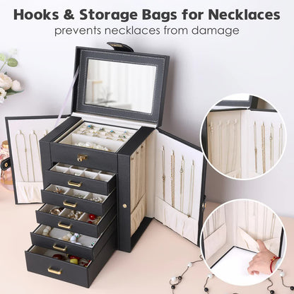 Women's Multi-functional Jewelry Box: Built-in Mirror, Multi-layer Drawer Storage, Side Hooks to Prevent Tangling and Protect Accessories.White