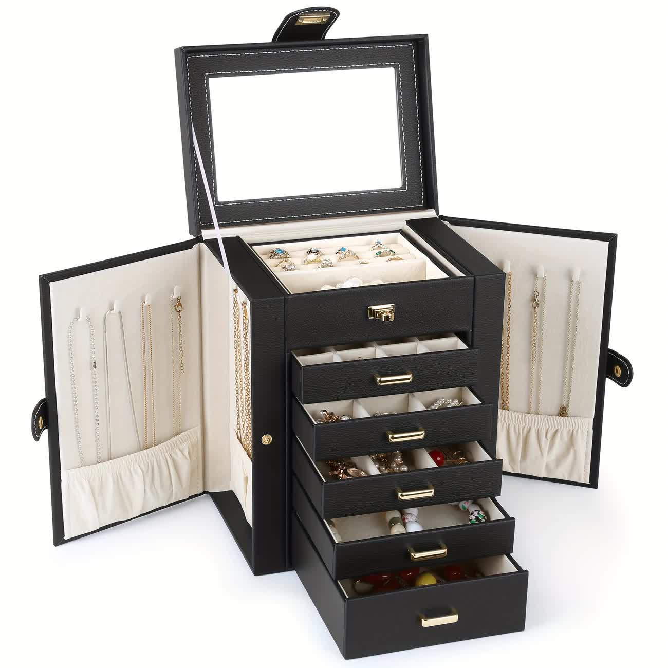 Women's Multi-functional Jewelry Box: Built-in Mirror, Multi-layer Drawer Storage, Side Hooks to Prevent Tangling and Protect Accessories.White