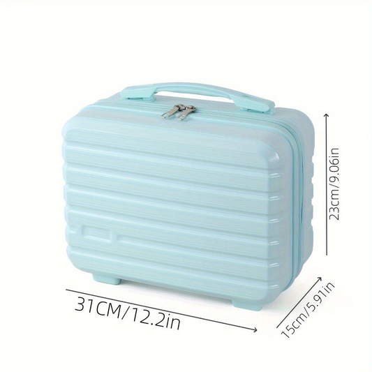 Light blue-green mini makeup case with top handle and silver zipper, front 3/4 view.