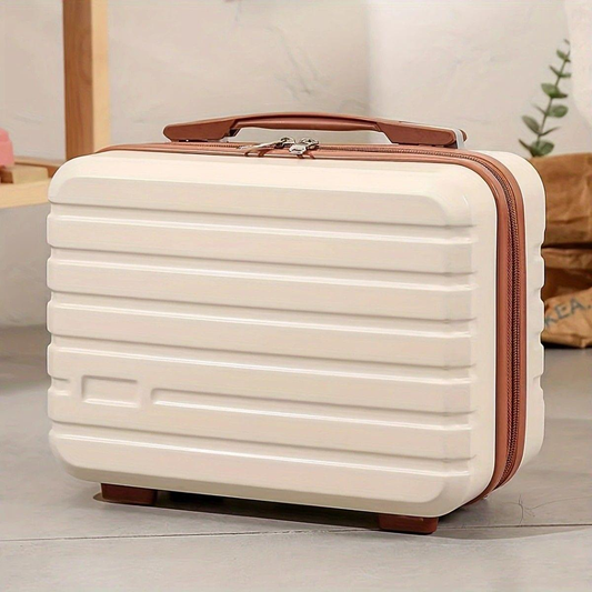 Mini makeup case with ribbed shell, zipper closure, and brown-trim handle, upright