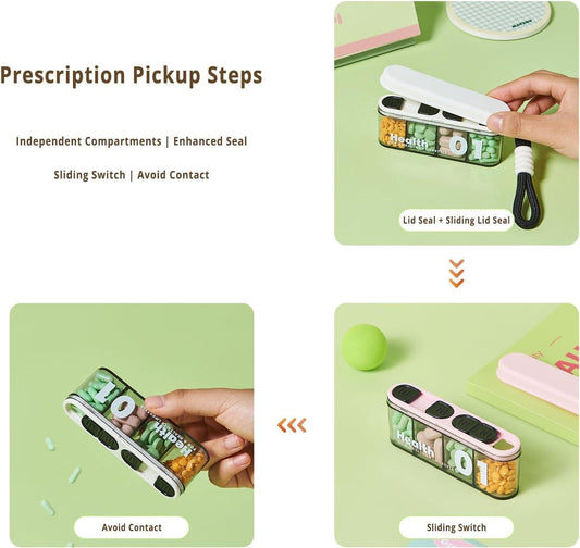 White four-compartment pill box with sliding switch lid, held in hand
